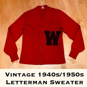 Chenille "W" Patch Varsity Letterman Red Wool Cardigan Sweater Vintage 40s/50s